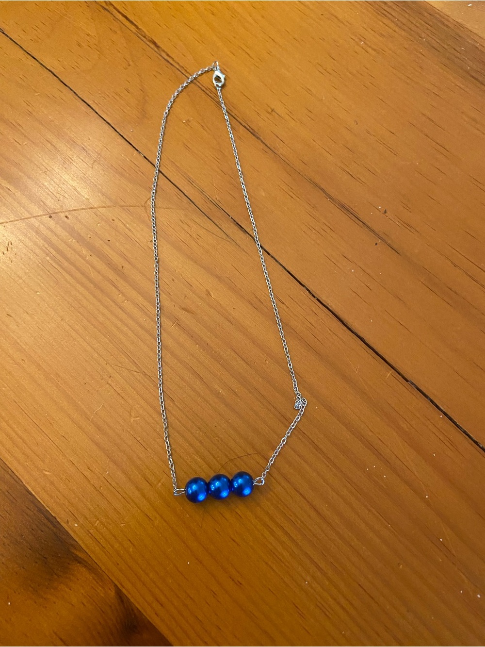 Delicate Silver Chain Necklace with Blue Bead Trio